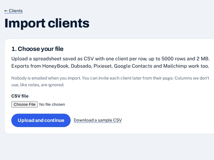 The Import clients page: upload a CSV file with one client per row