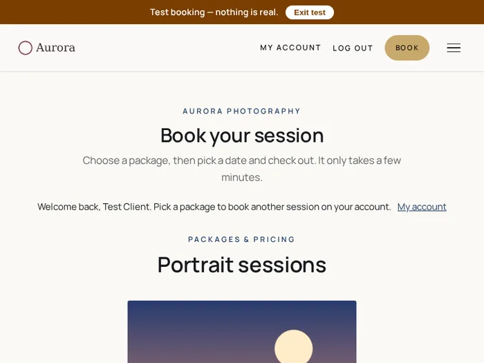 A studio's booking page with a banner that says Test booking, nothing is real, and an Exit test button