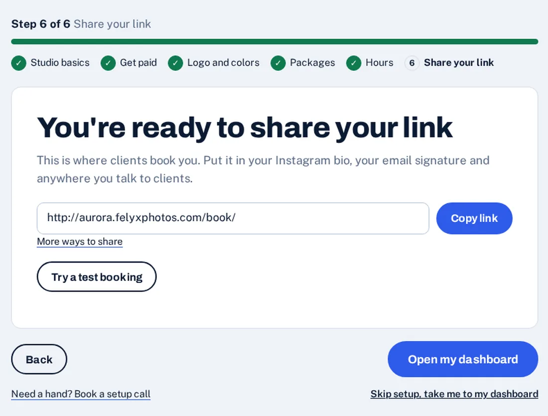 Setup wizard, last step: a link to share, a button to try a test booking and a link to book a setup call