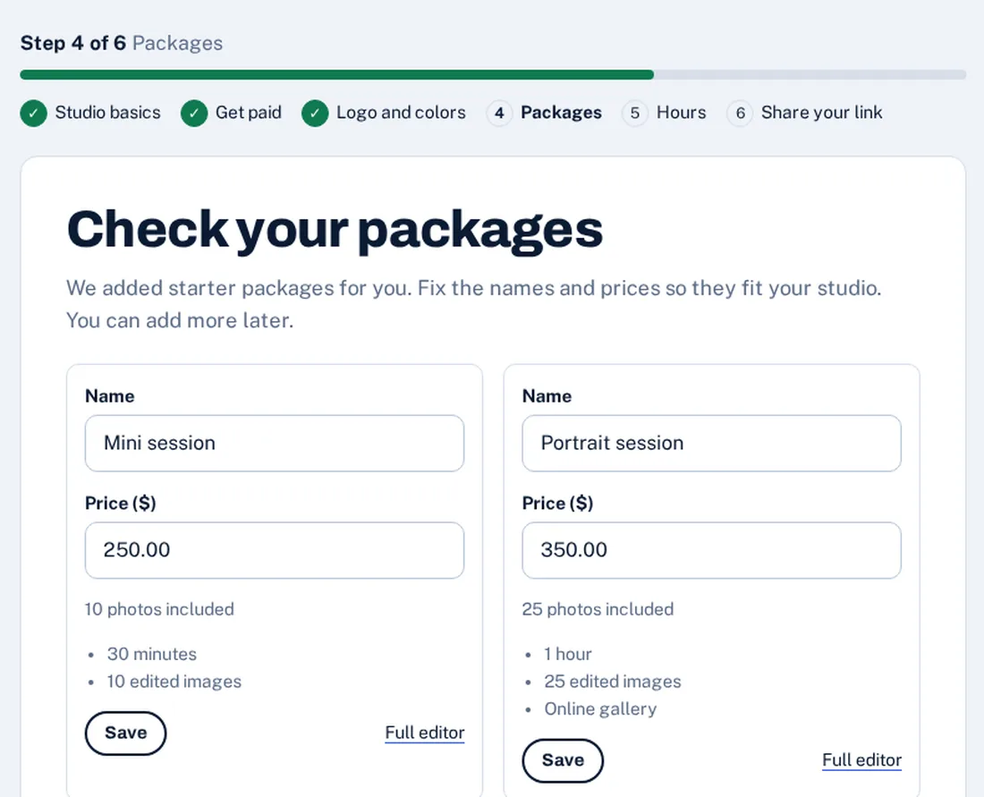 Setup wizard, step 4 of 6: starter packages with names and prices to check
